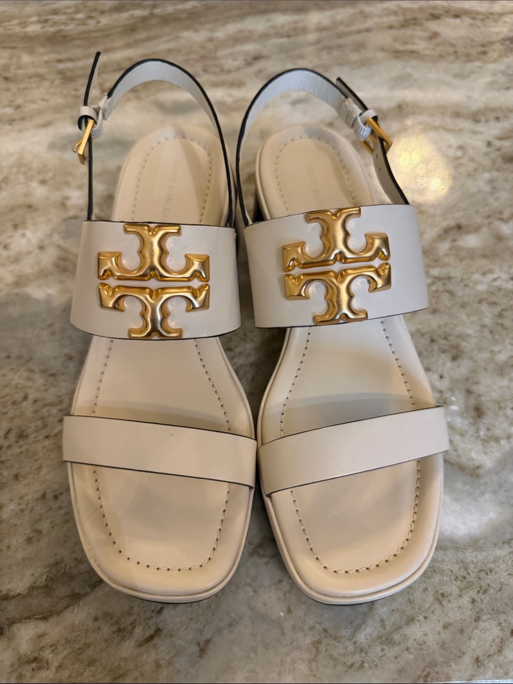 New Tory Burch White Leather Gold-Logo Slingback Sandals, size 8
